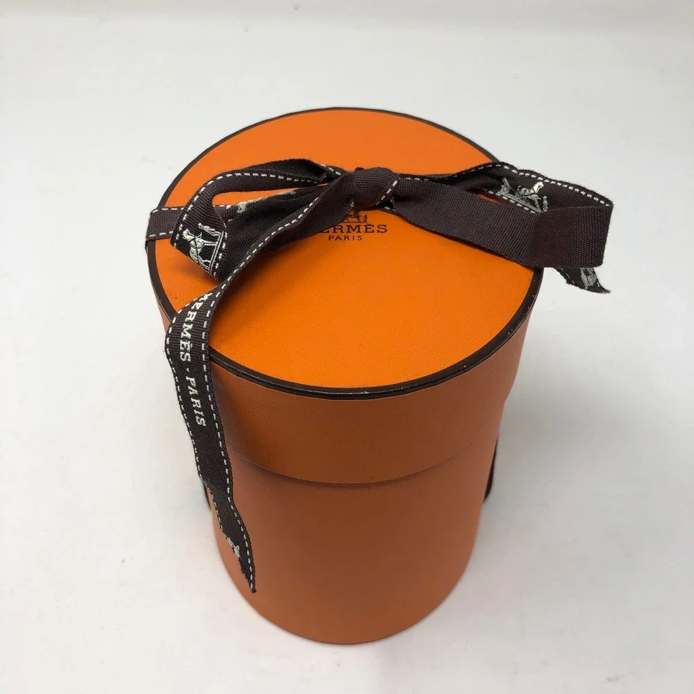Hermes Round Accessory Gift Box‎ Small Orange Cylindrical Bolduc Ribbon 5in